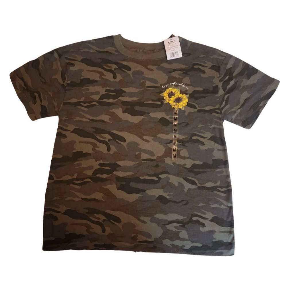 NEW w/tags Love Casts Out Fear T-shirt Army Green with Yellow Flowers